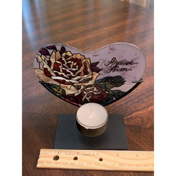 Joan Baker Stained Glass Heart Candle Holder Praise Him Religious Sun Catcher - Picture 11 of 12